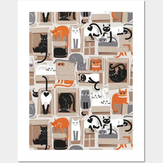 Purfect feline architecture // pattern // beige background cute cats in cardboard boxes Wall Art by SelmaCardoso